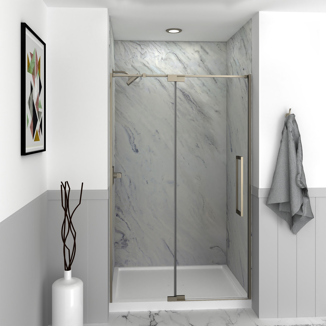 IPD487610C-S-BN Semi-frameless pivot shower door in Brushed Stainless frame finish with smooth glass texture 44-in to 48-in W x 76-in H
