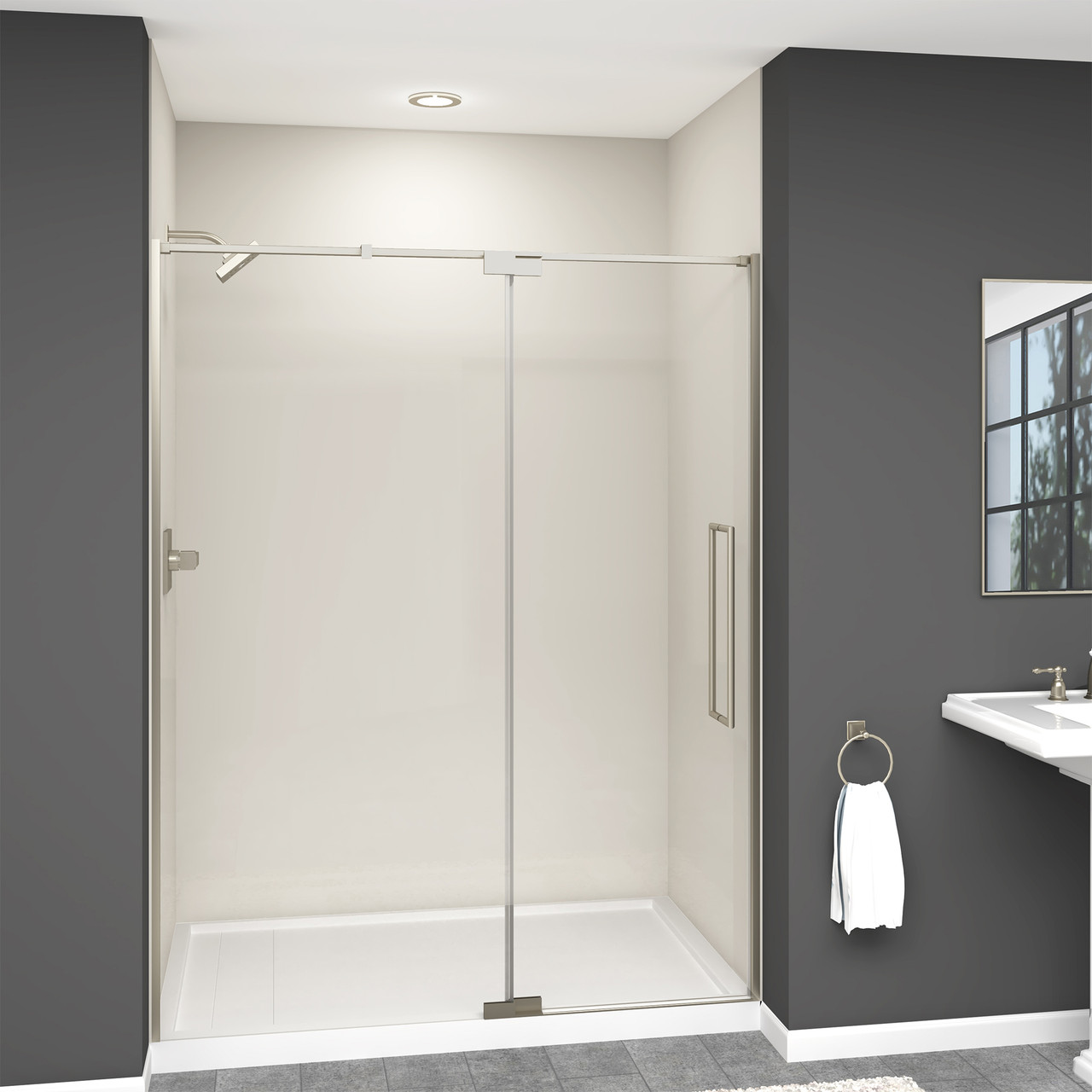 Semi-frameless pivot shower door in Brushed Stainless frame finish with smooth glass texture 56-in to 60-in W x 76-in H