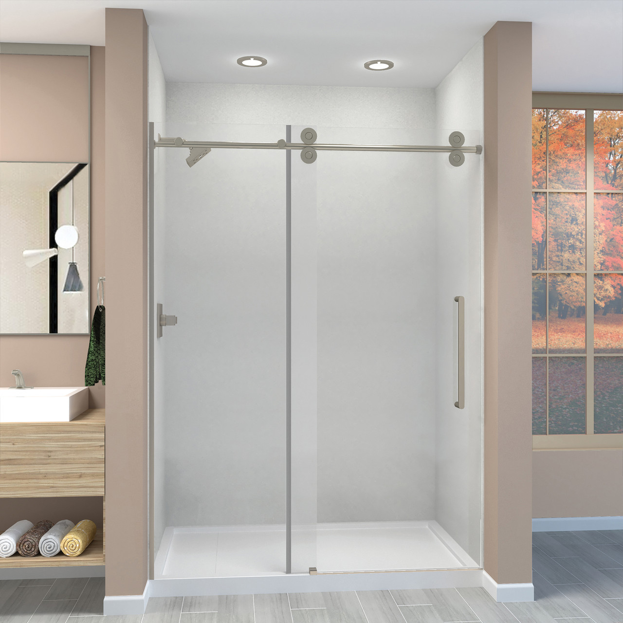 Transolid TPBT608010C-R-BS Frameless sliding shower door with fixed panel in brushed stainless with clear glass and Riley handles
