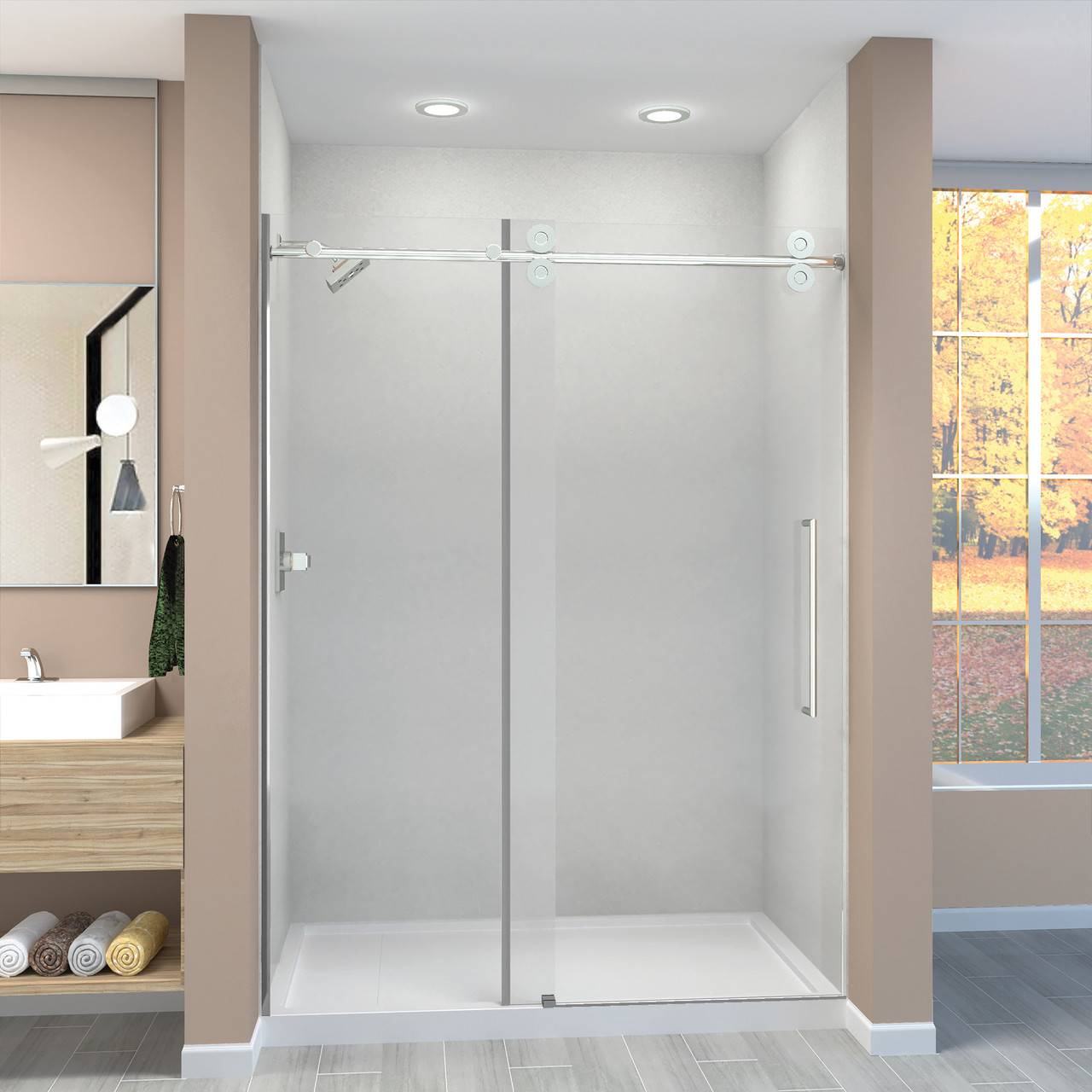 Transolid TPBT608010L-T-PC Frameless sliding shower door with fixed panel in polished chrome with low iron glass and Turin handles
