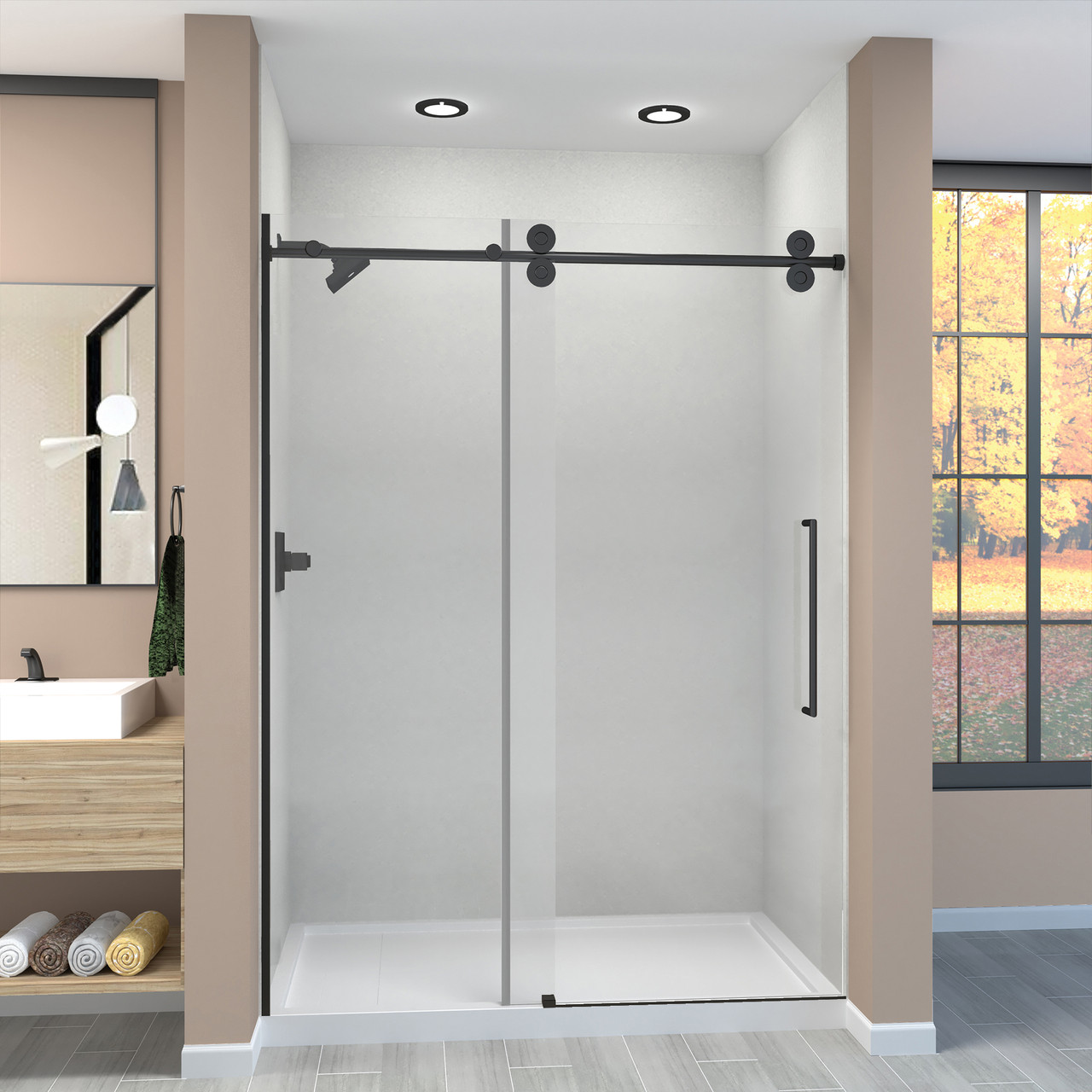 TPBT608010L-T-MB Frameless sliding shower door with fixed panel in matte black with low iron glass and Turin handles