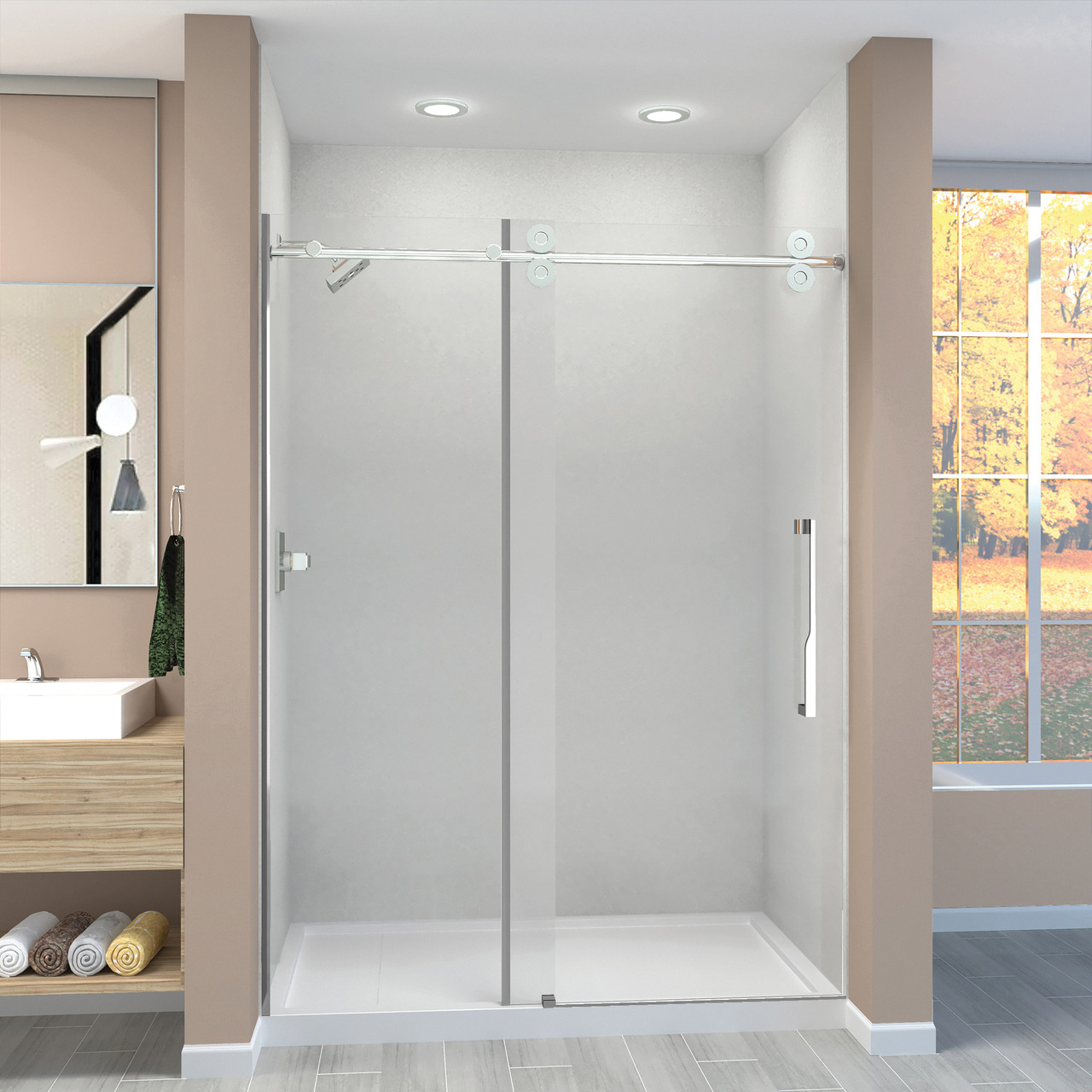 Frameless sliding shower door with fixed panel in polished chrome with clear glass and Justin handles
