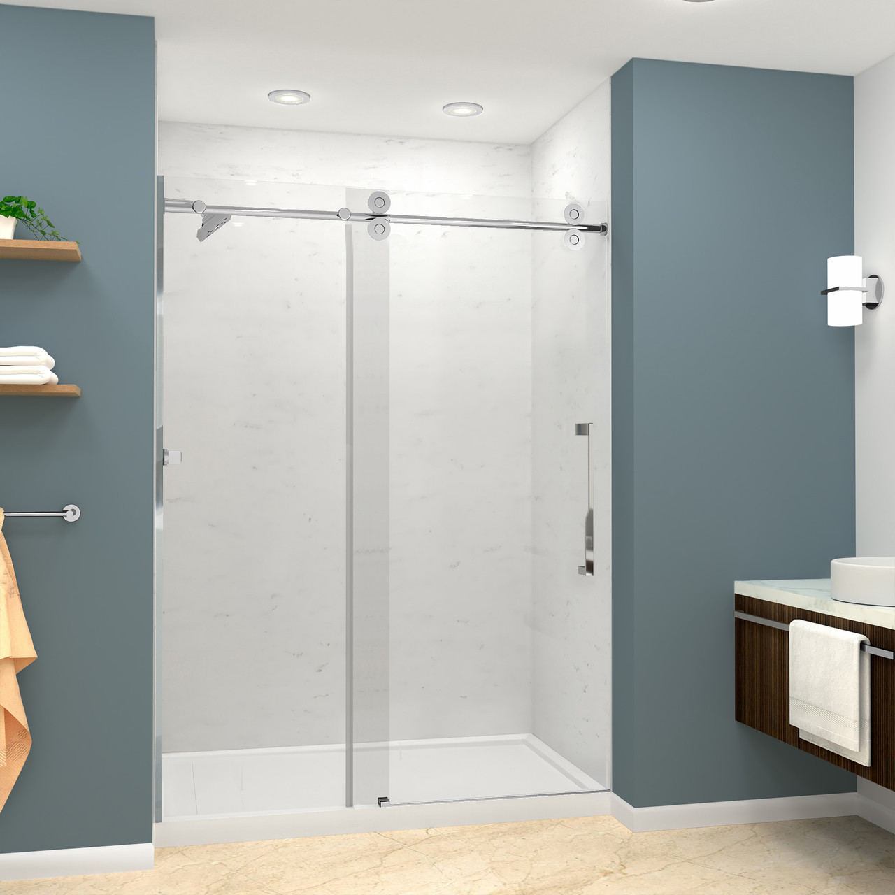 TBD608010C-J-PC Teegan 59-in W x 80-in H Frameless Sliding Door with Fixed Panel in Polished Chrome with Clear Glass