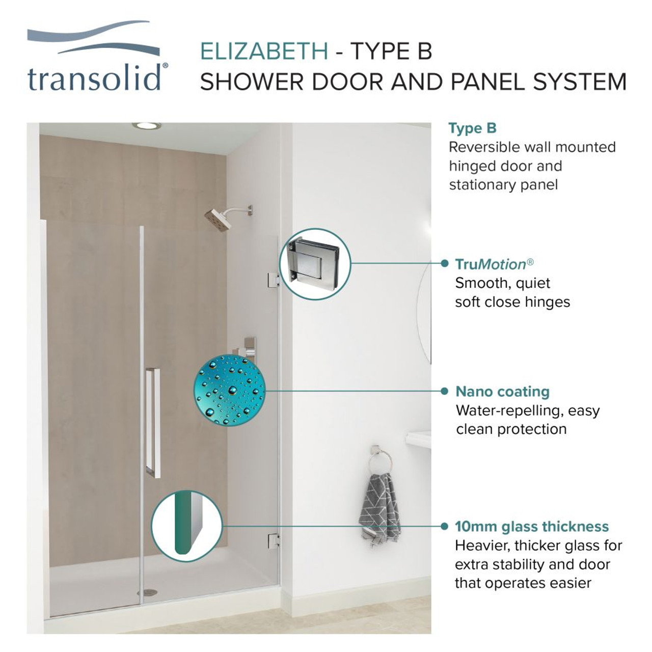 Transolid EHTB31257610C-BK-BS Elizabeth 31-in W x 76-in H Hinged Shower Door in Brushed Stainless with Clear Glass