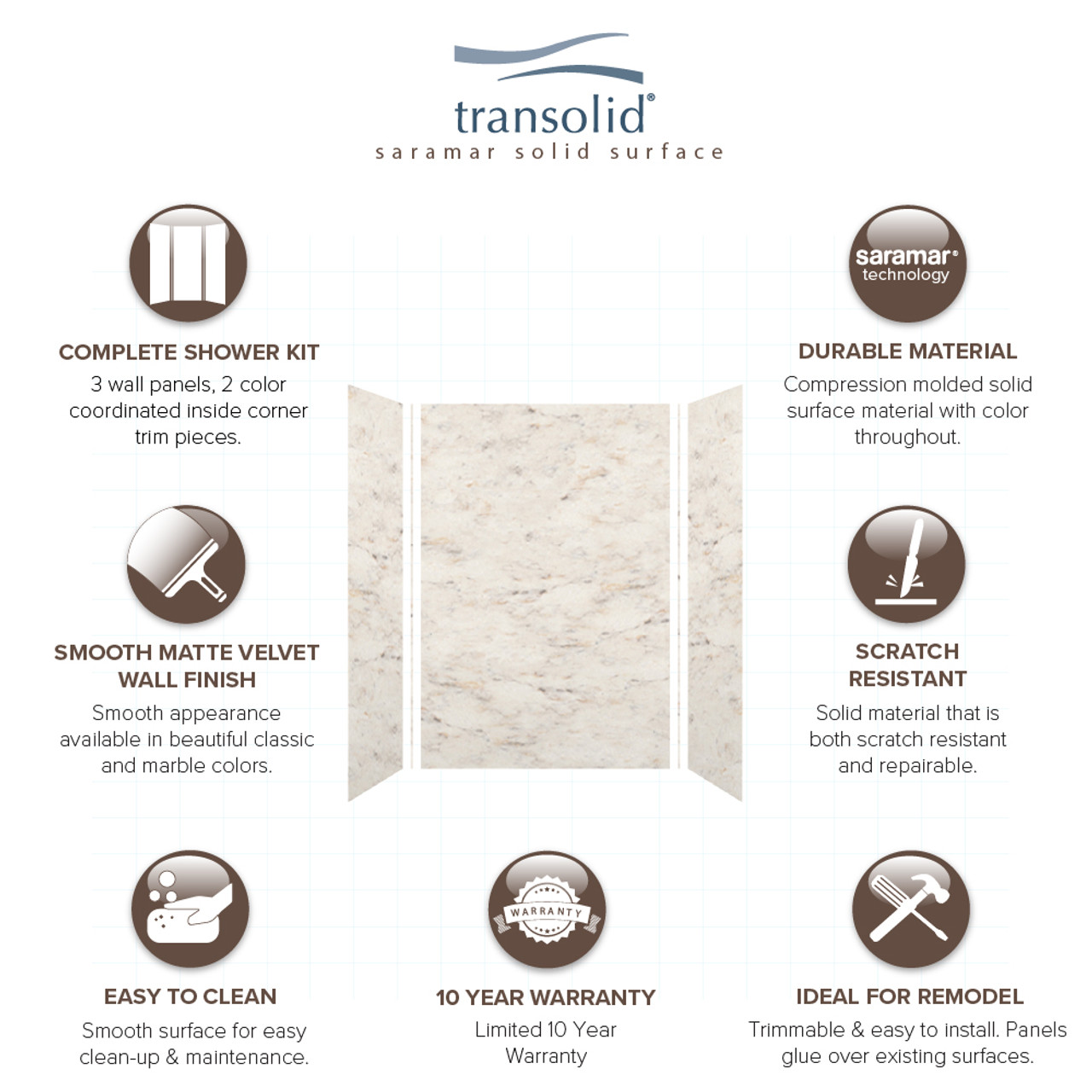 Transolid SWK483672-48V SaraMar 48-in x 36-in x 72-in Glue to Wall 3-Piece Shower Wall Trimmable Kit, Biscotti Marble Velvet