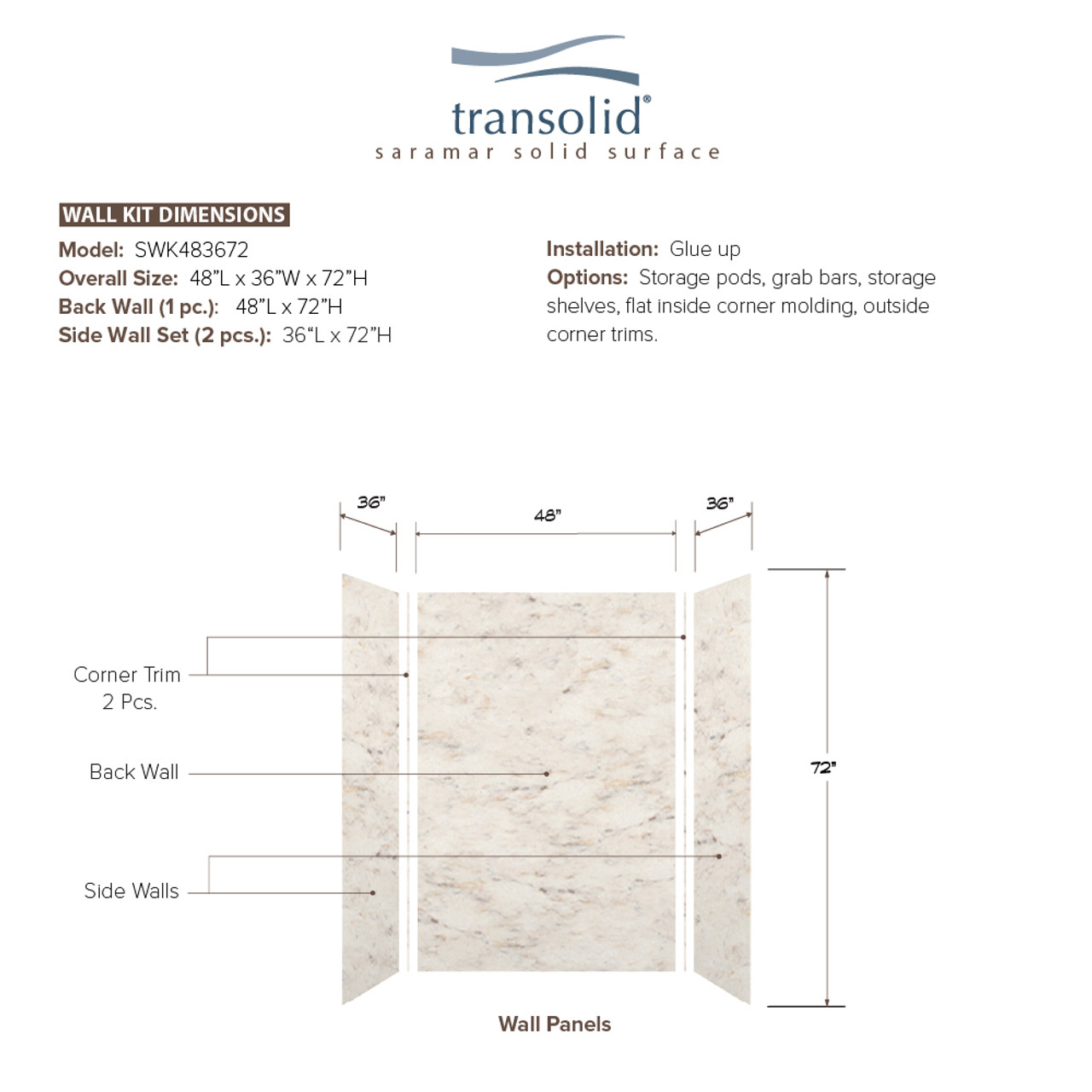 Transolid SWK483672-48V SaraMar 48-in x 36-in x 72-in Glue to Wall 3-Piece Shower Wall Trimmable Kit, Biscotti Marble Velvet