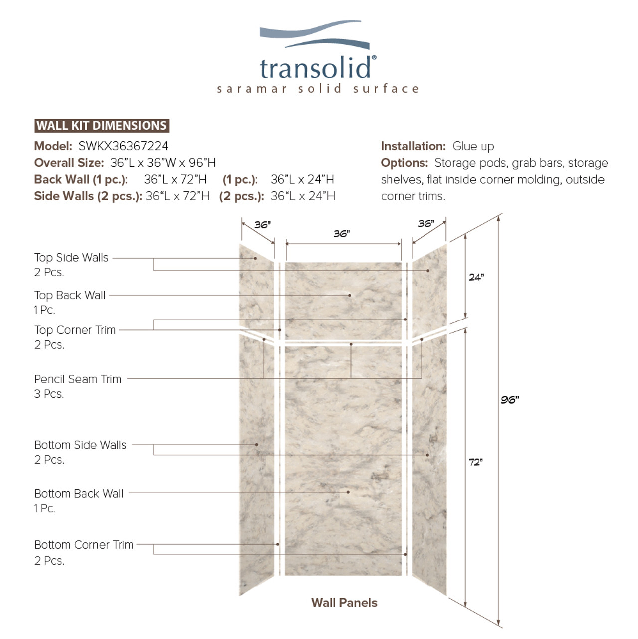 Transolid SWKX36367224-49V SaraMar 36-in x 36-in x 96-in Glue to Wall 6-Piece Shower Wall Trimmable Kit with Extension, Sand Creme Velvet