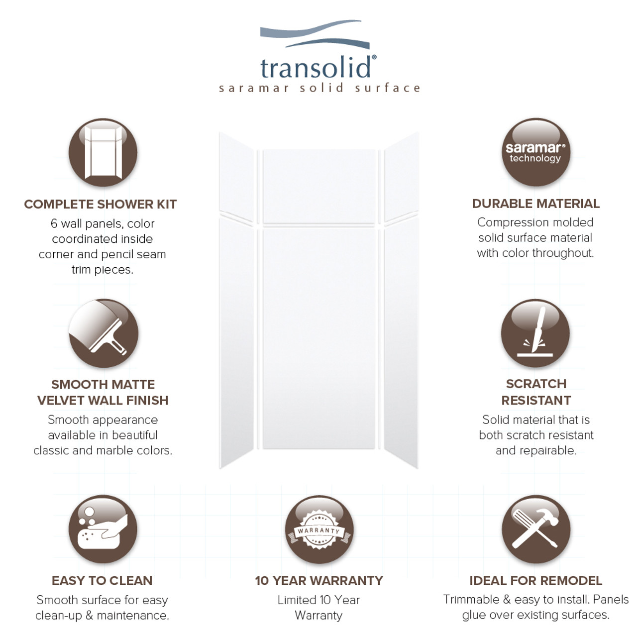 Transolid SWKX36367224-21V SaraMar 36-in x 36-in x 96-in Glue to Wall 6-Piece Shower Wall Trimmable Kit with Extension, White Velvet