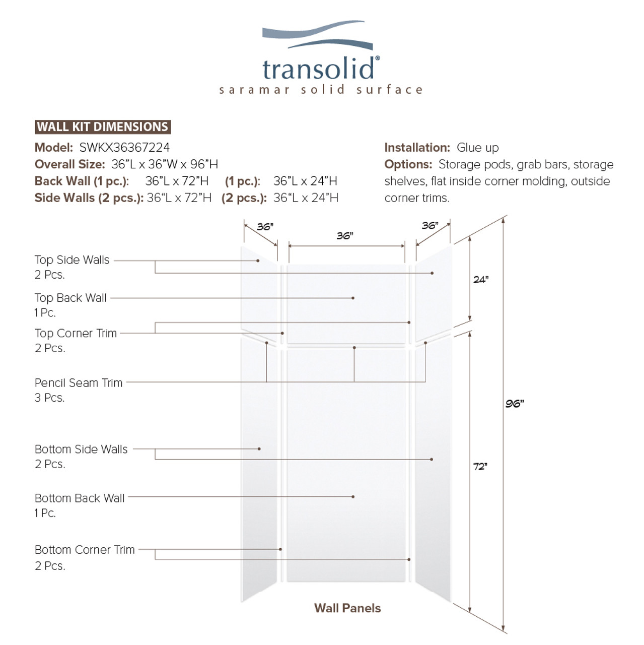 Transolid SWKX36367224-21V SaraMar 36-in x 36-in x 96-in Glue to Wall 6-Piece Shower Wall Trimmable Kit with Extension, White Velvet