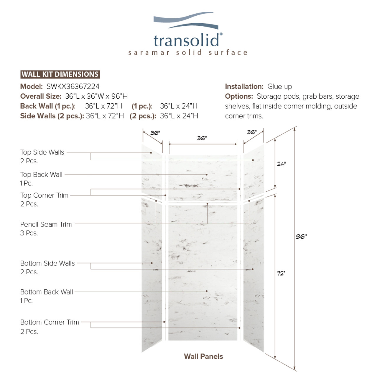 Transolid SWKX36367224-47V SaraMar 36-in x 36-in x 96-in Glue to Wall 6-Piece Shower Wall Trimmable Kit with Extension, White Venito Velvet