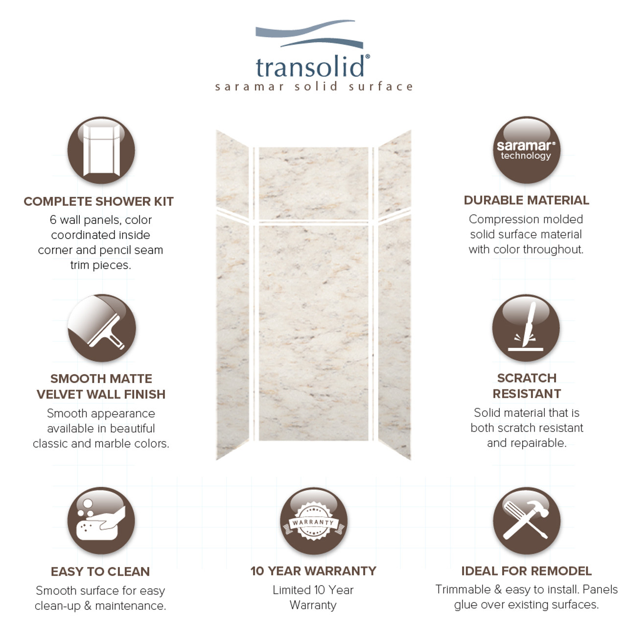 Transolid SWKX36367224-48V SaraMar 36-in x 36-in x 96-in Glue to Wall 6-Piece Shower Wall Trimmable Kit with Extension, Biscotti Marble Velvet