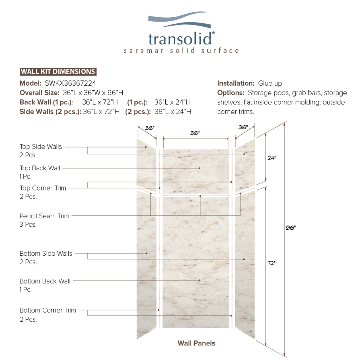 Transolid SWKX36367224-48V SaraMar 36-in x 36-in x 96-in Glue to Wall 6-Piece Shower Wall Trimmable Kit with Extension, Biscotti Marble Velvet