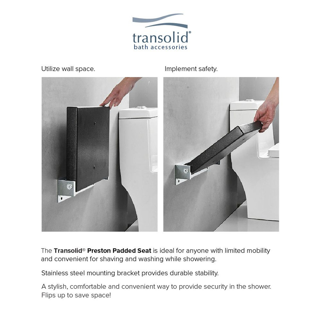 Transolid PPS1420UP-09PC 14-in x 20-in Flip Up Shower Seat, Black and Polished Chrome