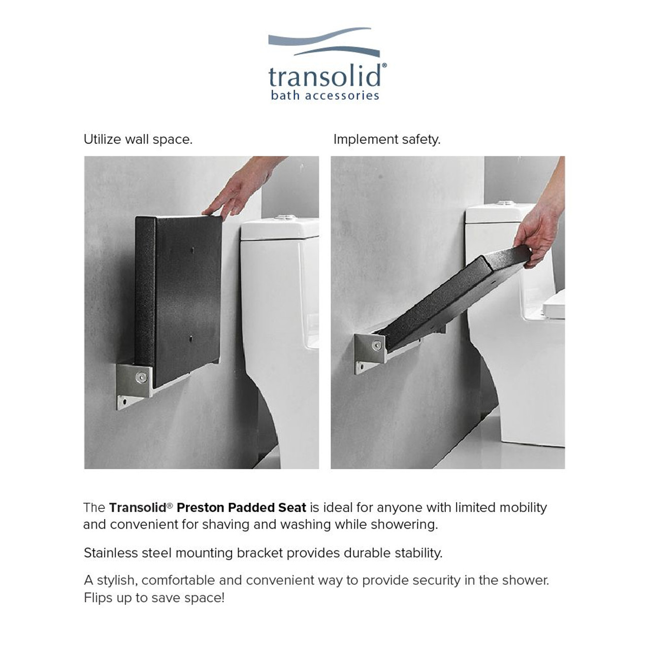 Transolid PPS1420UP-09BS 14-in x 20-in Flip Up Shower Seat, Black and Brushed Stainless