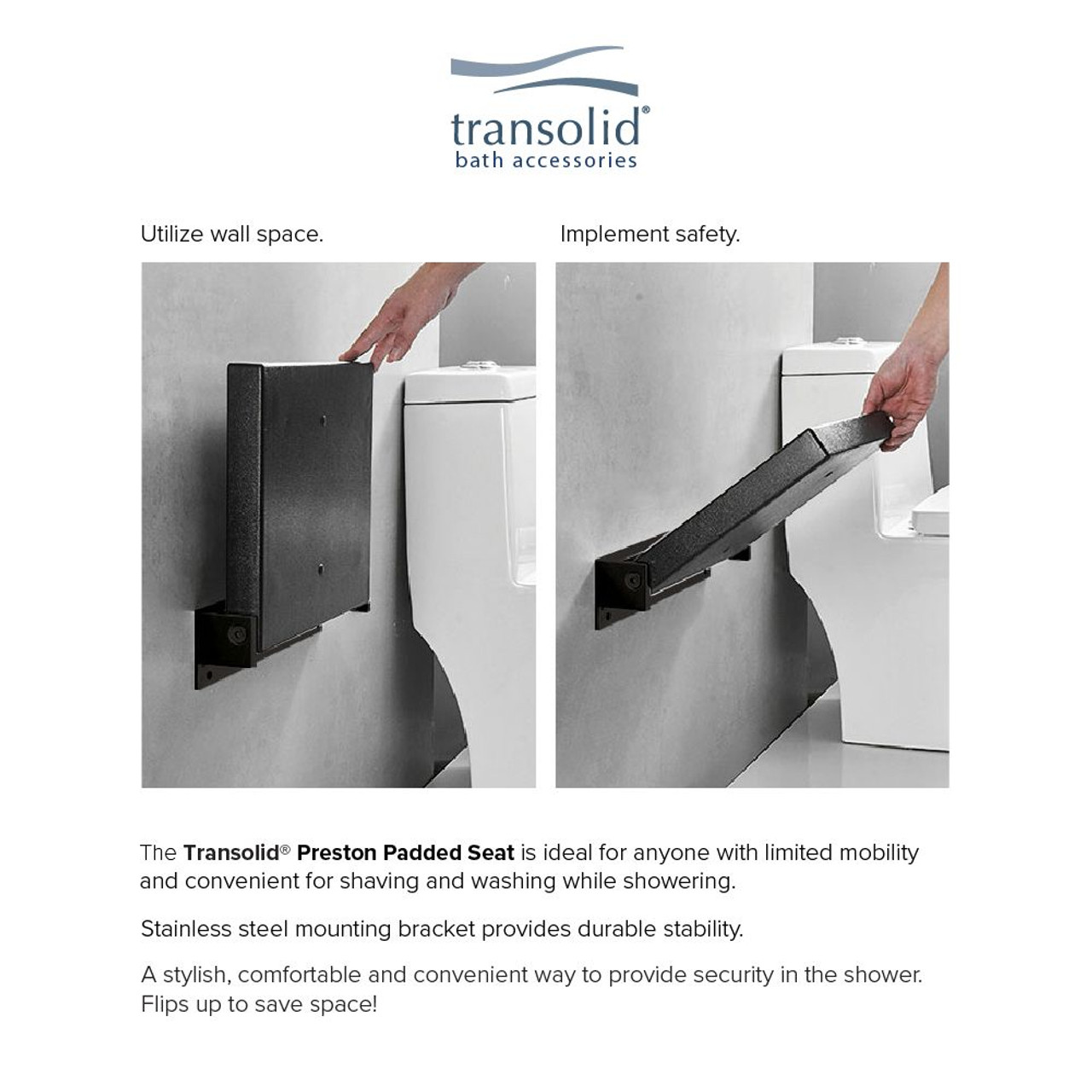 Transolid PPS1420UP-09MB 14-in x 20-in Flip Up Shower Seat, Black and Matte Black