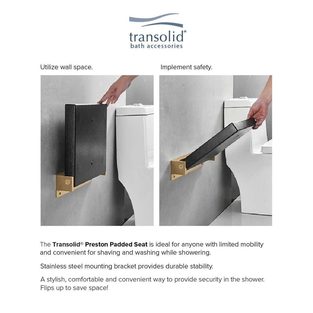 Transolid PPS1420UP-09CB 14-in x 20-in Flip Up Shower Seat, Black and Champagne Bronze