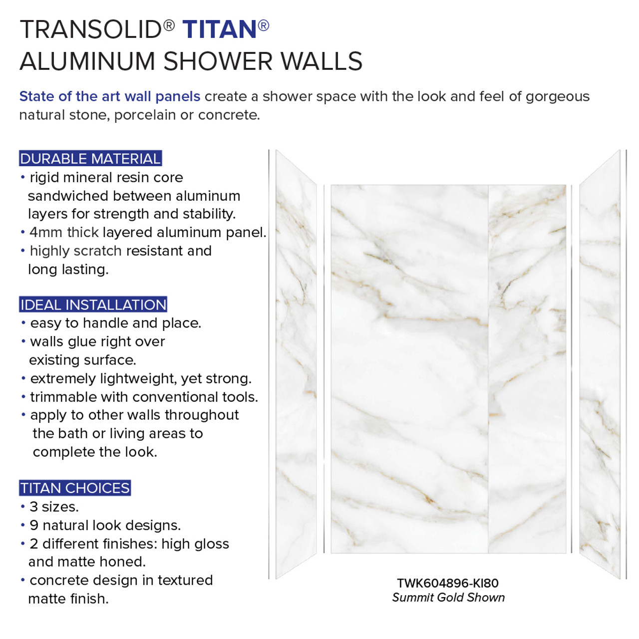 Transolid TWK604896-KI80H Titan 64-in x 48-in x 96-in Shower Wall Trimmable Kit, Summit Gold (Honed)