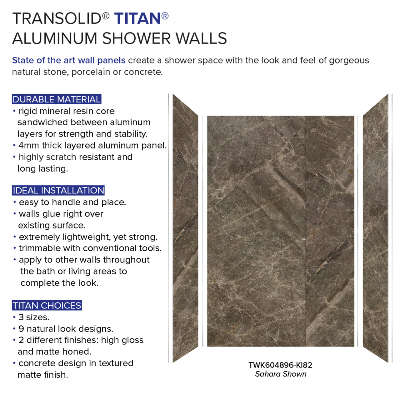 Transolid TWK604896-KI82G Titan 64-in x 48-in x 96-in Shower Wall Trimmable Kit, Sahara (Glossy)