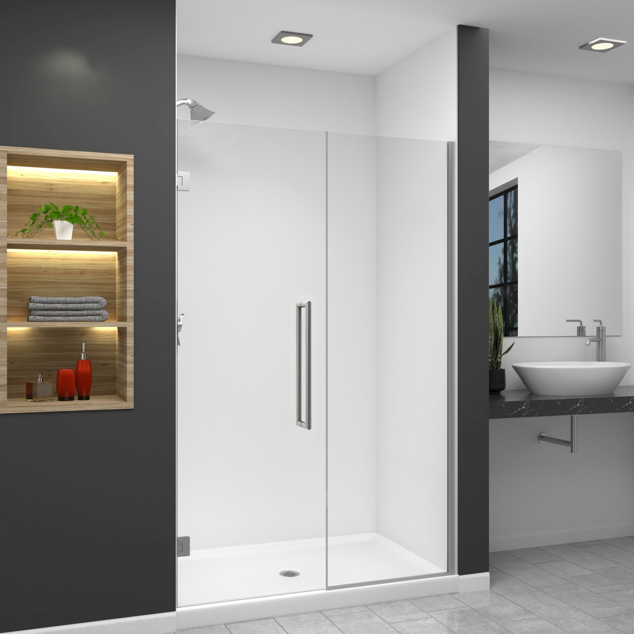 EHTB48247610C-T-BS Elizabeth 48-in W x 76-in H Hinged Shower Door in Brushed Stainless with Clear Glass