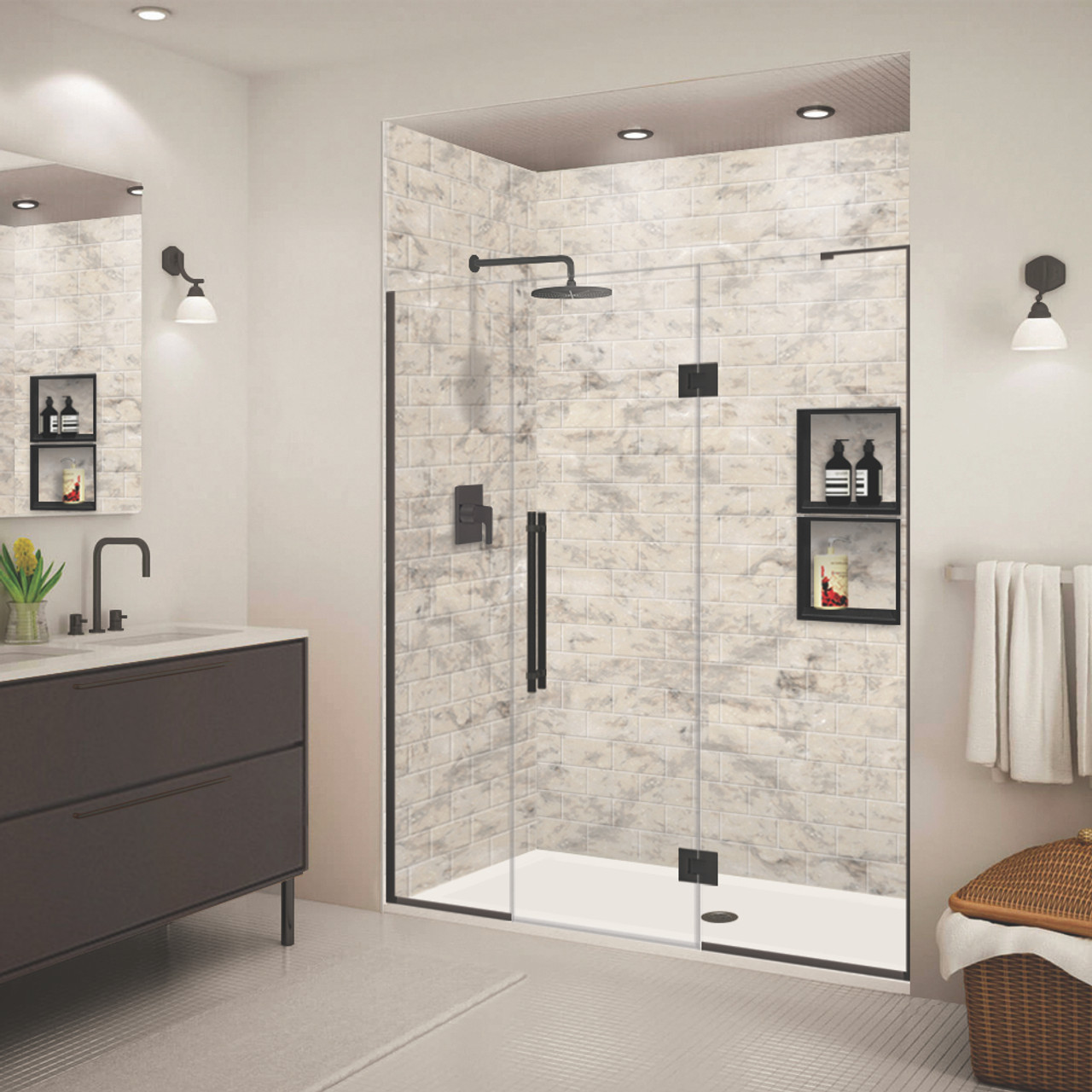 Transolid EHTF685267610C-BK-MB Elizabeth 68.5-in W x 76-in H Hinged Shower Door in Matte Black with Clear Glass