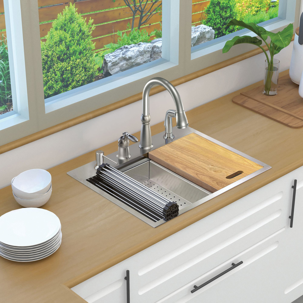 Transolid KWSST272210-4 27-in X 22-in X 10-in 18-Gauge Drop-in Stainless Steel Kitchen Workstation Sink with 4 Faucet Holes