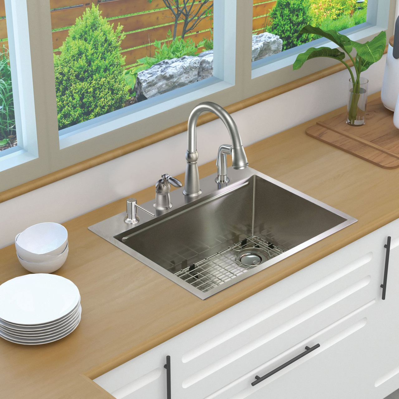 Transolid KWSST272210-4 27-in X 22-in X 10-in 18-Gauge Drop-in Stainless Steel Kitchen Workstation Sink with 4 Faucet Holes