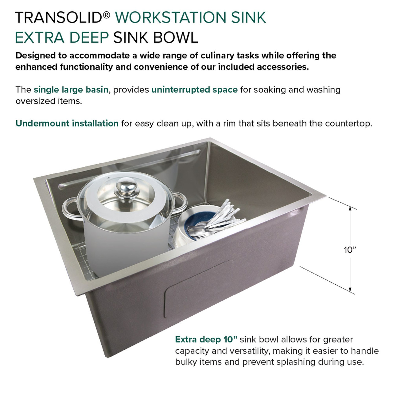 Transolid KWSST272210-4 27-in X 22-in X 10-in 18-Gauge Drop-in Stainless Steel Kitchen Workstation Sink with 4 Faucet Holes