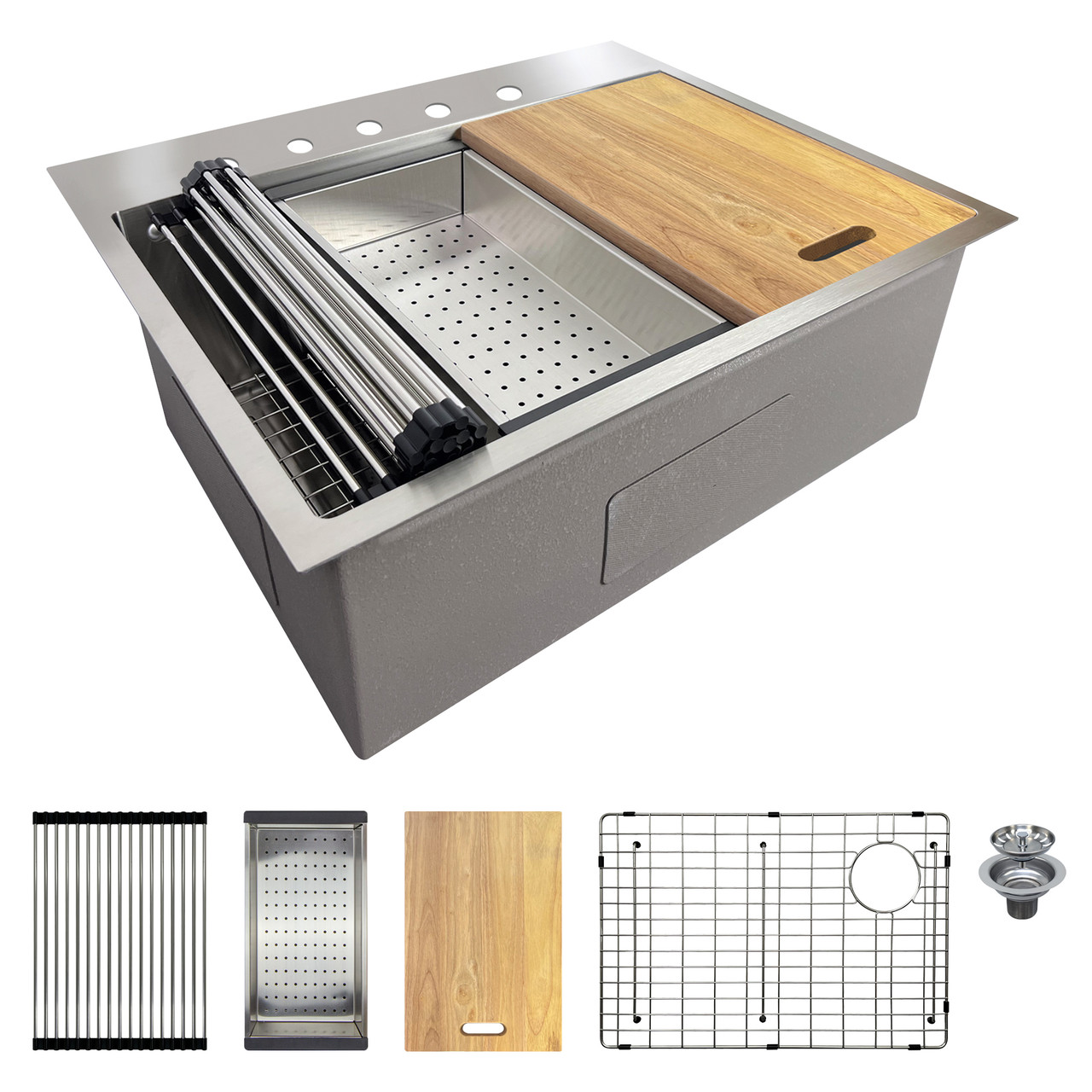 Transolid KWSST272210-5 27-in X 22-in X 10-in 18-Gauge Drop-in Stainless Steel Kitchen Workstation Sink with 5 Faucet Holes