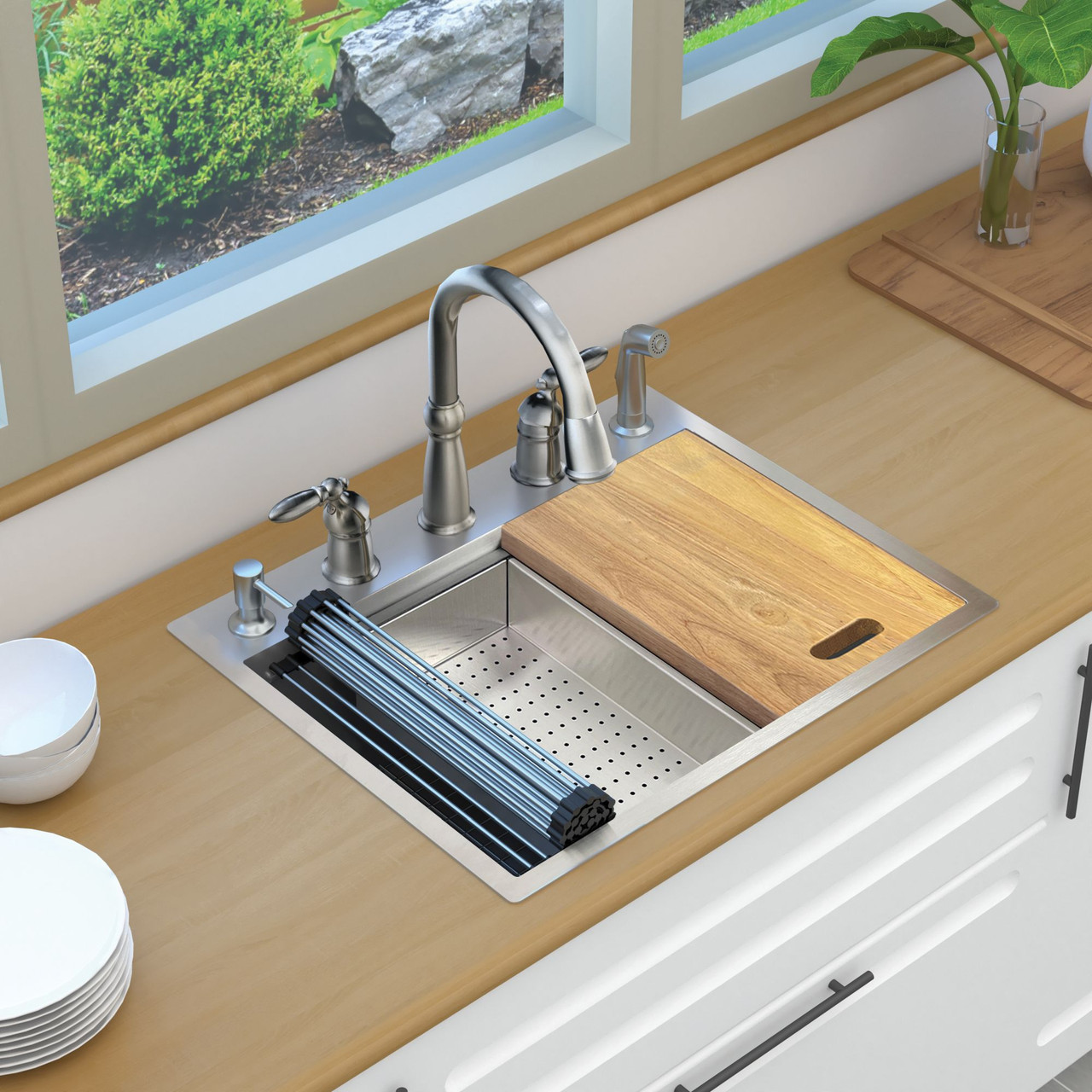 Transolid KWSST272210-5 27-in X 22-in X 10-in 18-Gauge Drop-in Stainless Steel Kitchen Workstation Sink with 5 Faucet Holes