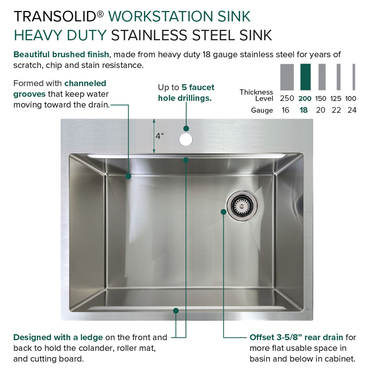 Transolid KWSST272210-5 27-in X 22-in X 10-in 18-Gauge Drop-in Stainless Steel Kitchen Workstation Sink with 5 Faucet Holes