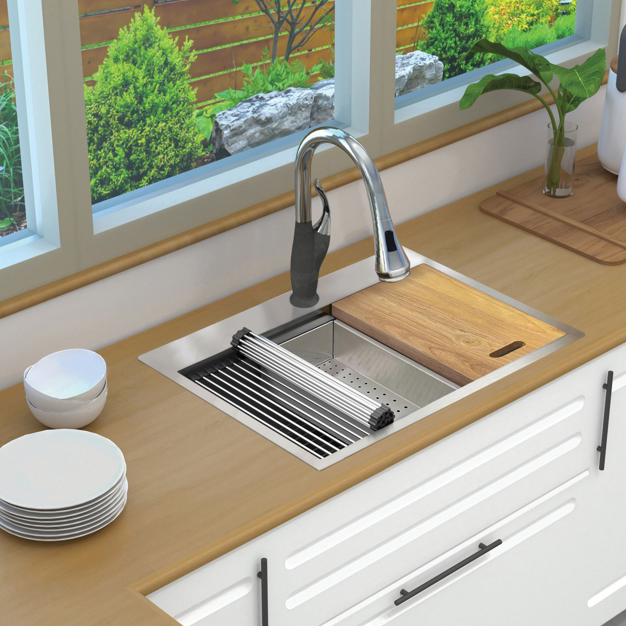 Transolid KWSST302210-1 30-in X 22-in X 10-in 18-Gauge Drop-in Stainless Steel Kitchen Workstation Sink with 1 Faucet Hole