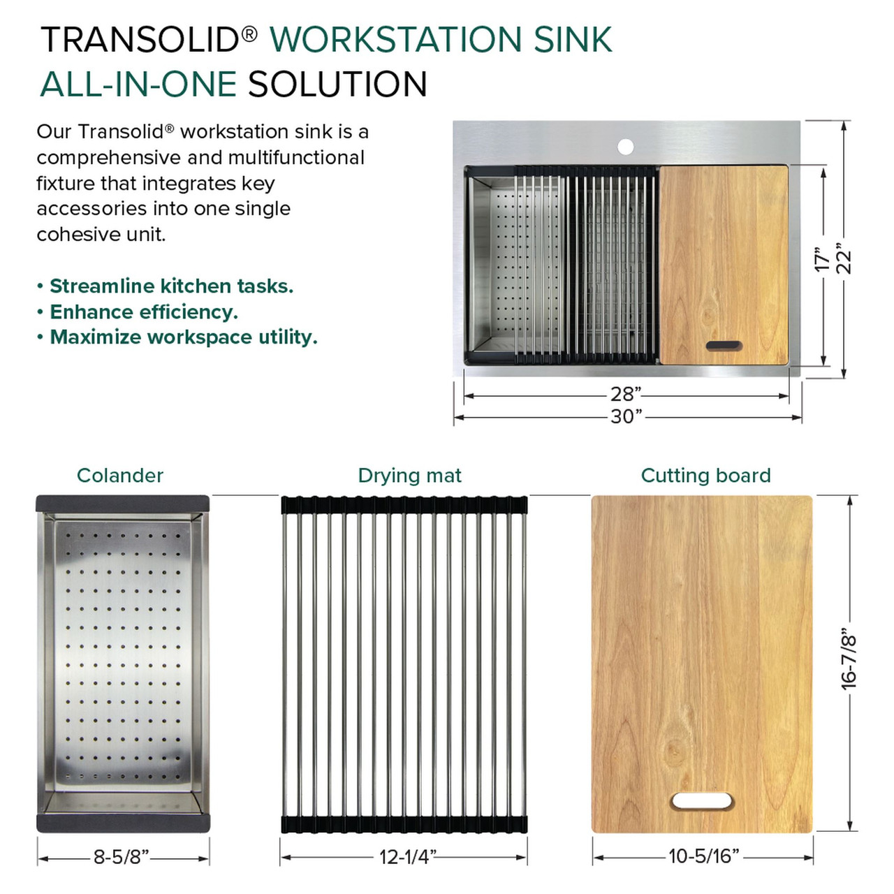 Transolid KWSST302210-1 30-in X 22-in X 10-in 18-Gauge Drop-in Stainless Steel Kitchen Workstation Sink with 1 Faucet Hole