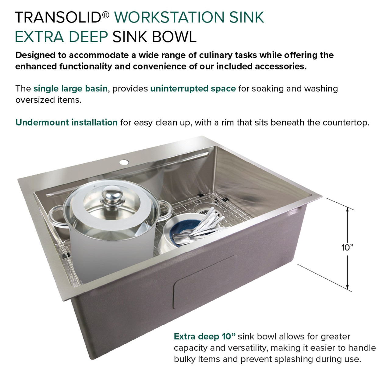 Transolid KWSST302210-1 30-in X 22-in X 10-in 18-Gauge Drop-in Stainless Steel Kitchen Workstation Sink with 1 Faucet Hole