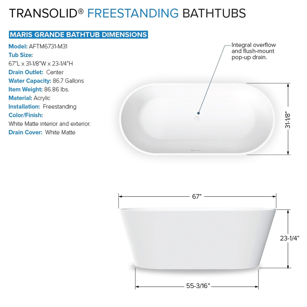 Transolid K-AFTM6731-M31 Maris Grande 67-in x 31-in x 23-in Freestanding Acrylic Bathtub Kit With Center Drain And Bath Pillow, White (Matte)