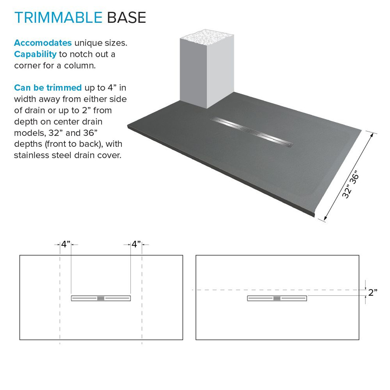 Transolid FZS6042C-40 Trimslate 60-in x 42-in Zero Threshold Shower Base with Center Drain, Dark Grey