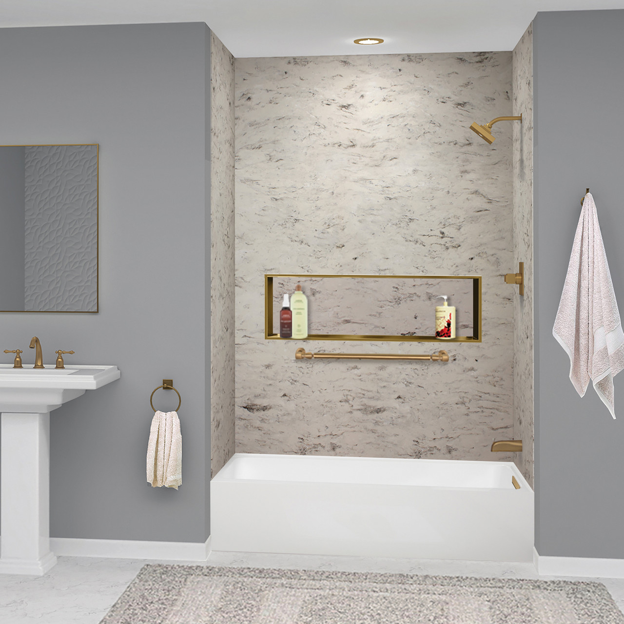 UATLN603215-R-CB Unity 60-in x 32-in x 15-in Alcove Acrylic Bathtub Kit With Right Hand Drain, White/Champagne Bronze