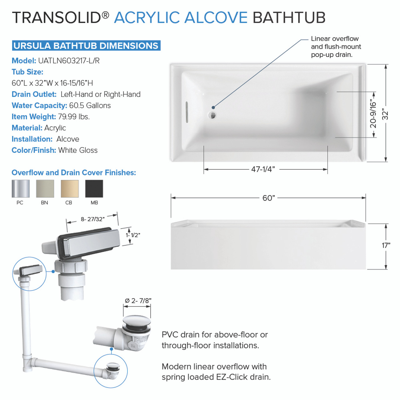 Transolid UATLN603217-L-PC Unity AFR 60-in x 32-in x 17-in Alcove Acrylic Bathtub Kit With Left Hand Drain, White/Polished Chrome