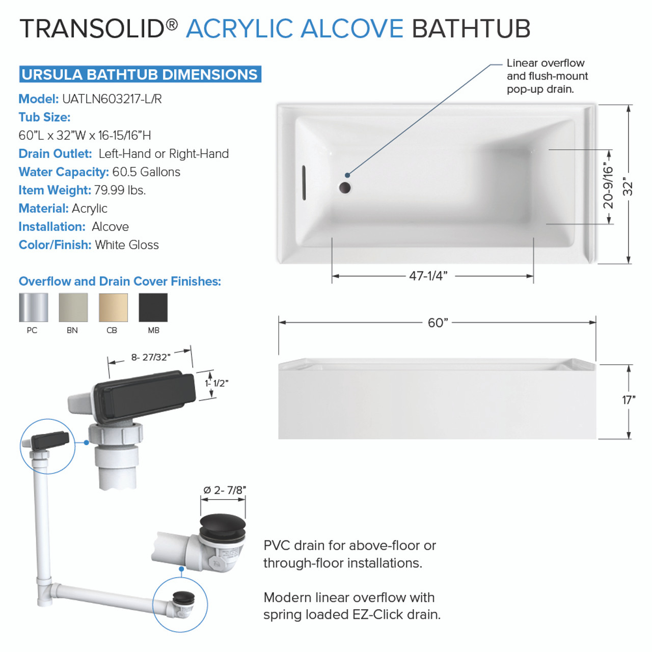 Transolid UATLN603217-L-MB Unity AFR 60-in x 32-in x 17-in Alcove Acrylic Bathtub Kit With Left Hand Drain, White/Matte Black