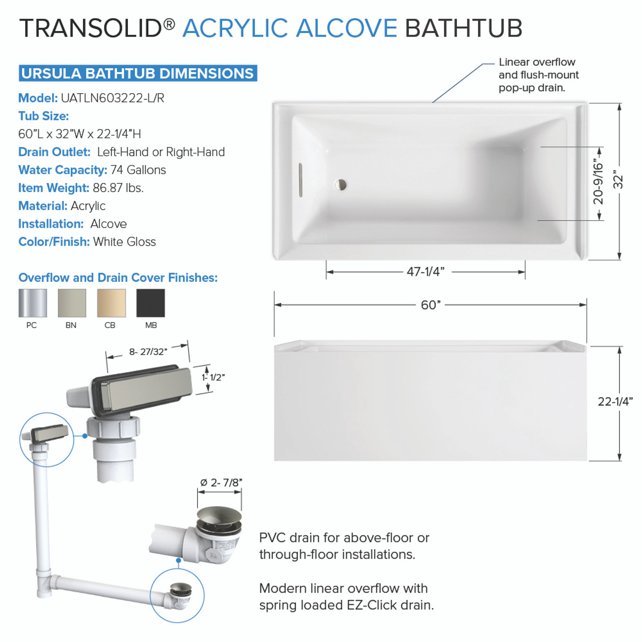 Transolid UATLN603222-R-BN Unity AFR 60-in x 32-in x 22-in Alcove Acrylic Bathtub Kit With Right Hand Drain, White/Brushed Nickel