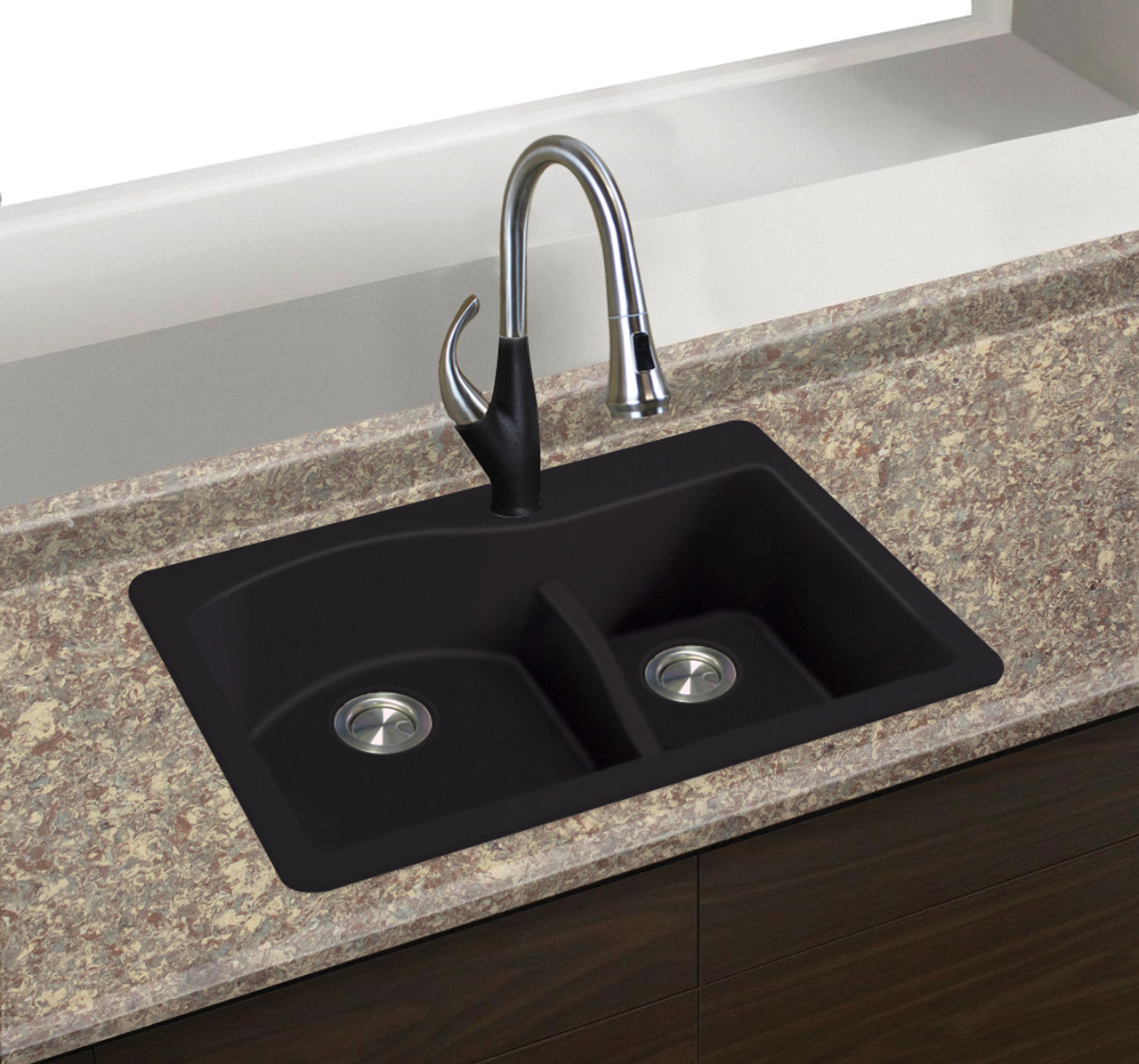 33" X 22" X 10" Double Offset Drop-in Installation with 5 BACDE Faucet Holes, In Black