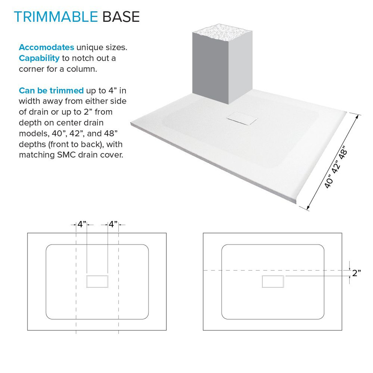 Transolid FZS7940C-31 Trimslate 79-in x 40-in Zero Threshold Shower Base with Center Drain, White