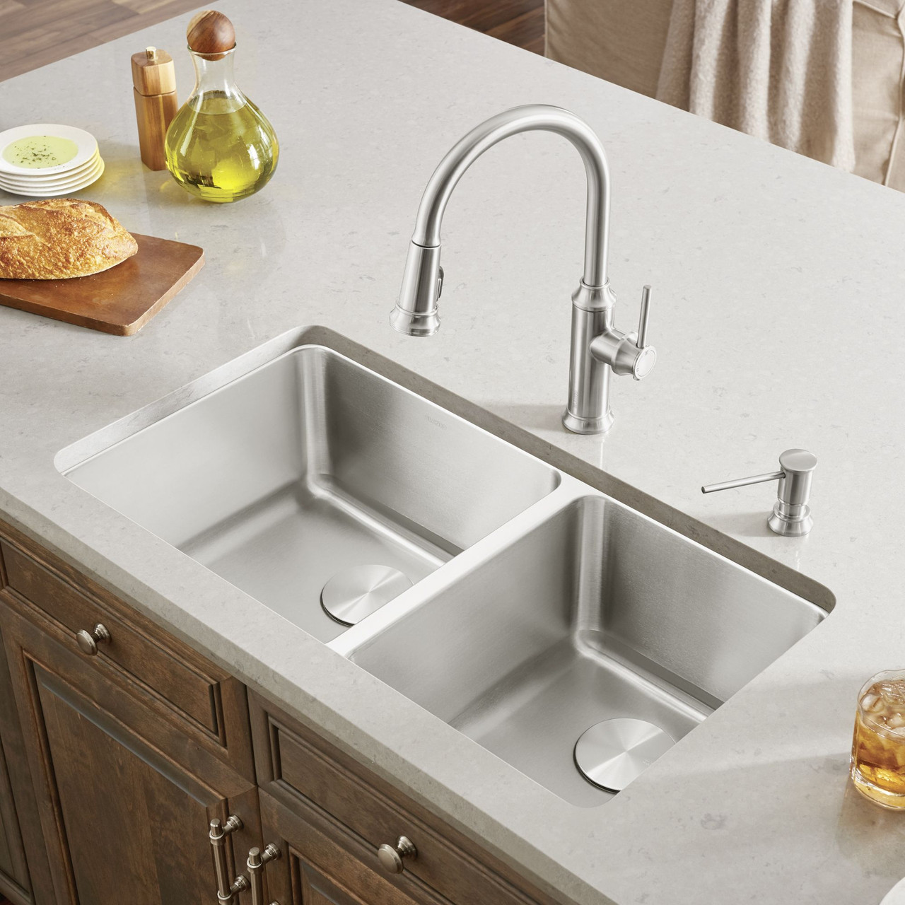 33-in x 18-in Stainless Steel Double Offset Undermount Kitchen Sink in Stainless Steel 33-in x 18-in Stainless Steel Double Offset Undermount Kitchen Sink in Stainless Steel