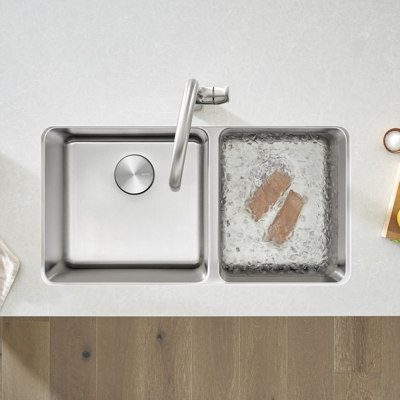 33-in x 18-in Stainless Steel Double Offset Undermount Kitchen Sink in Stainless Steel 33-in x 18-in Stainless Steel Double Offset Undermount Kitchen Sink in Stainless Steel