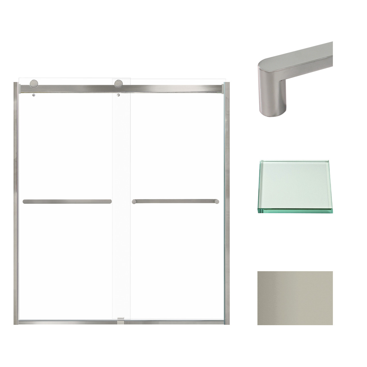 Frameless bypass shower door in brushed stainless frame finish with smooth clear glass texture and classic Riley handles 60-in W x 70-in H
