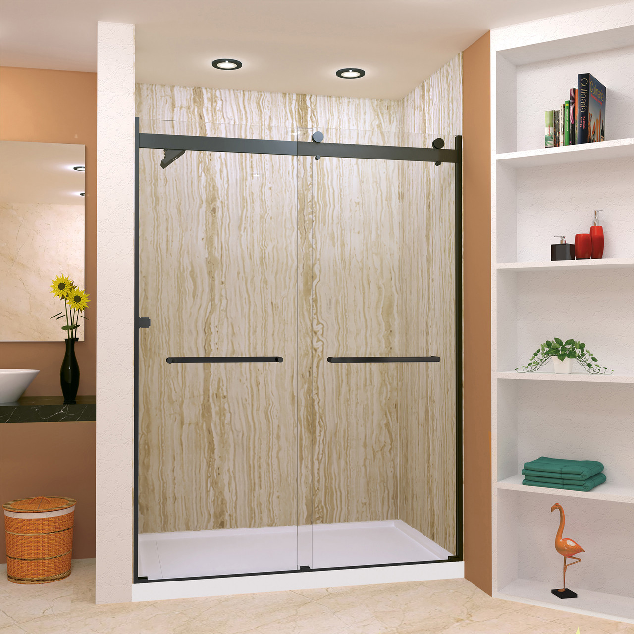 Frameless bypass shower door in matte black frame finish with smooth clear glass texture and classic Riley handles 60-in W x 80-in H