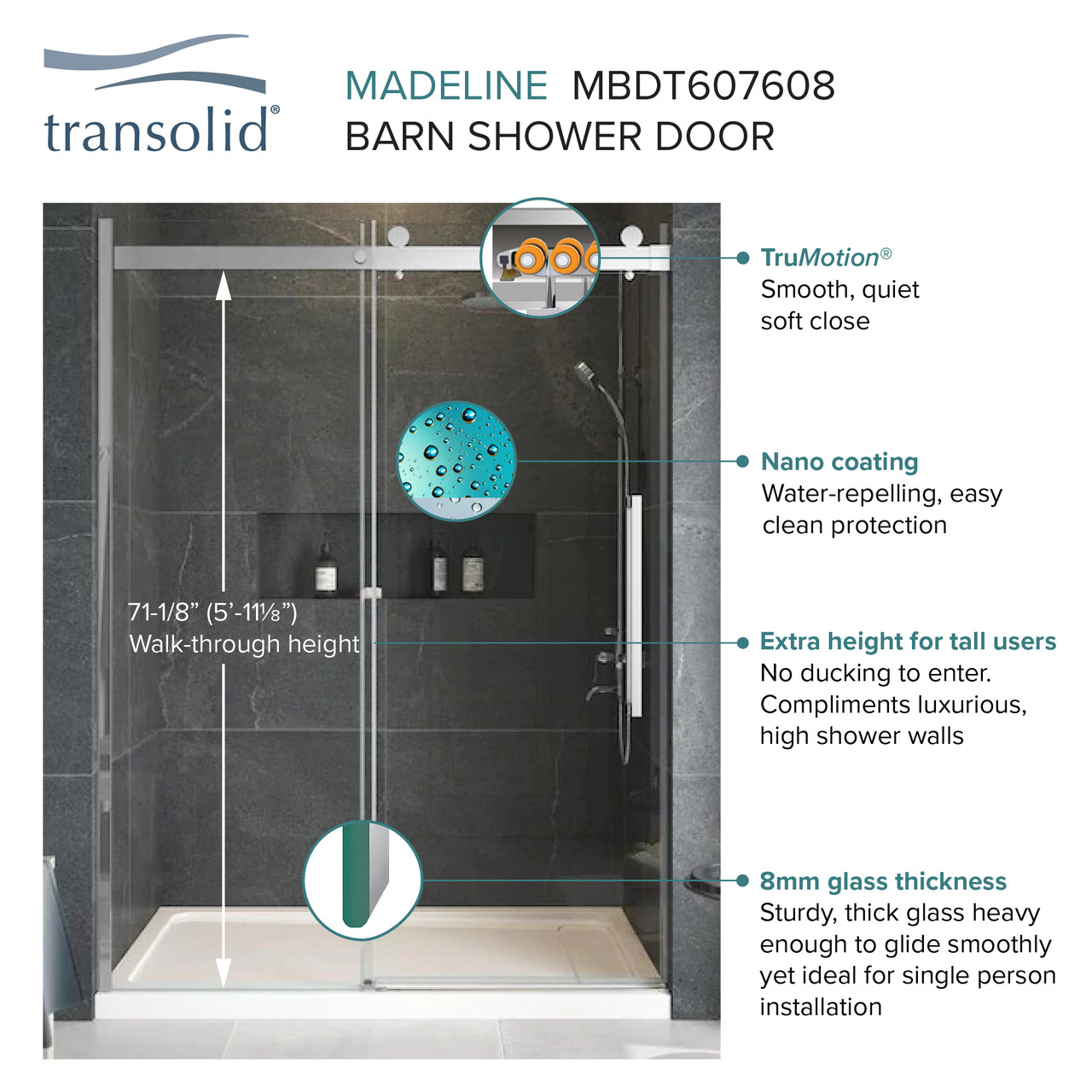 Frameless sliding shower door with fixed panel in brushed stainless with clear glass texture and Riley handles