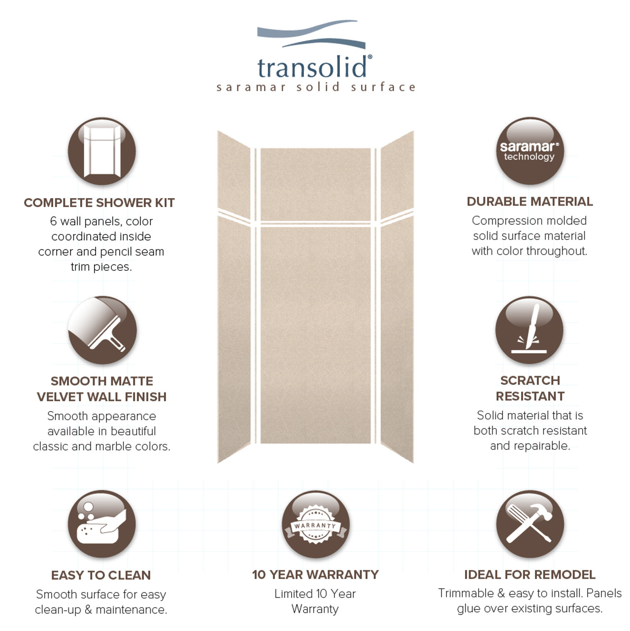 Transolid SWKX36367224-28V SaraMar 36-in x 36-in x 96-in Glue to Wall 6-Piece Shower Wall Trimmable Kit with Extension, Cashew Velvet