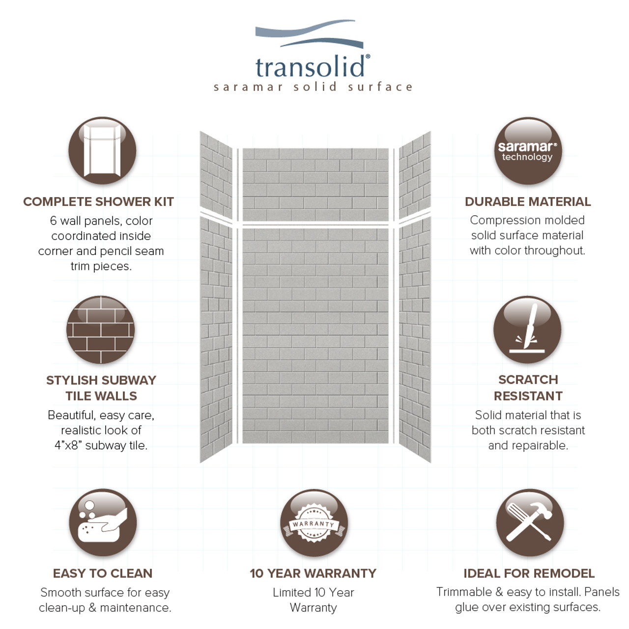 Transolid SWKX48367224-27 SaraMar 48-in x 36-in x 96-in Glue to Wall 6-Piece Shower Wall Trimmable Kit with Extension, Grey Beach