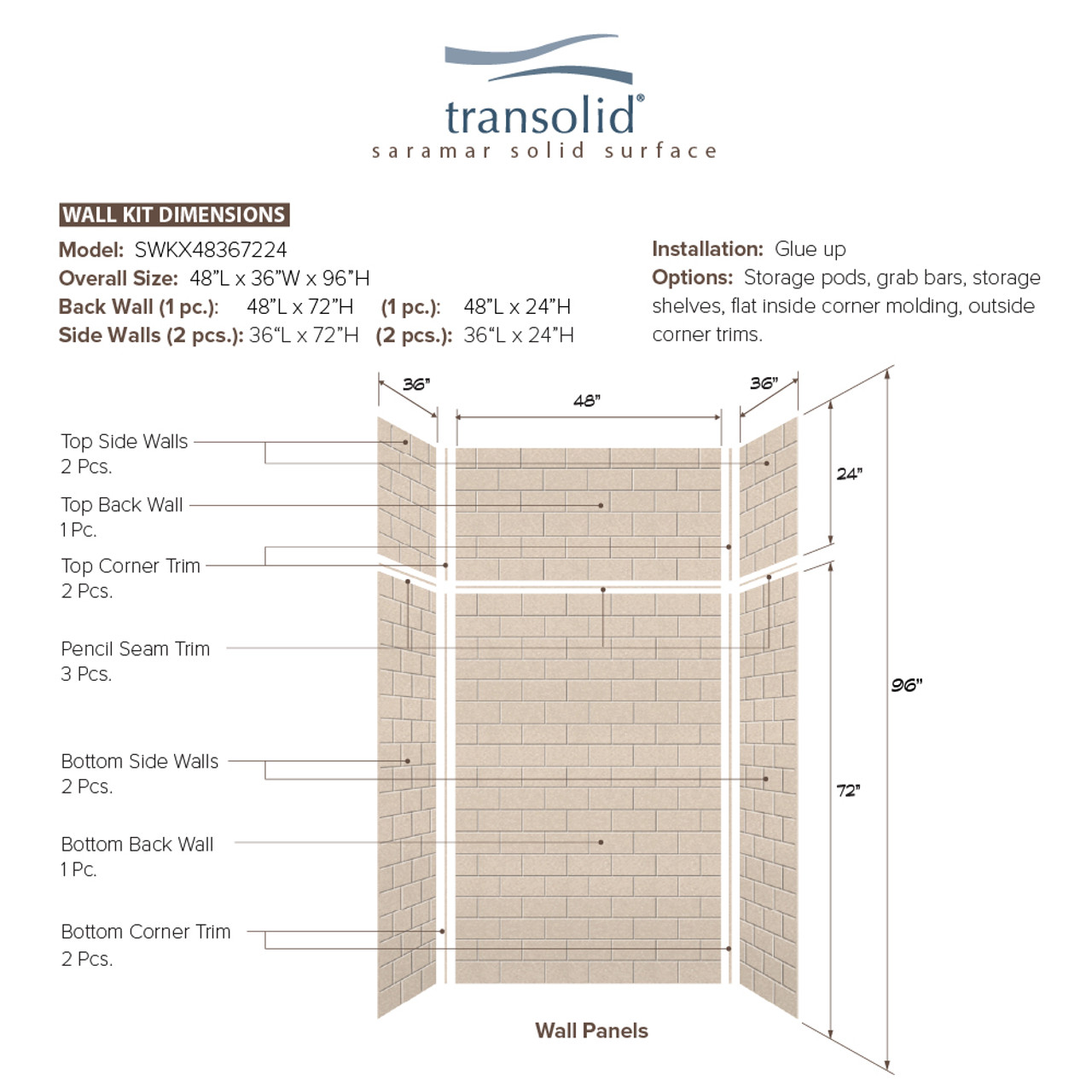 Transolid SWKX48367224-28 SaraMar 48-in x 36-in x 96-in Glue to Wall 6-Piece Shower Wall Trimmable Kit with Extension, Cashew