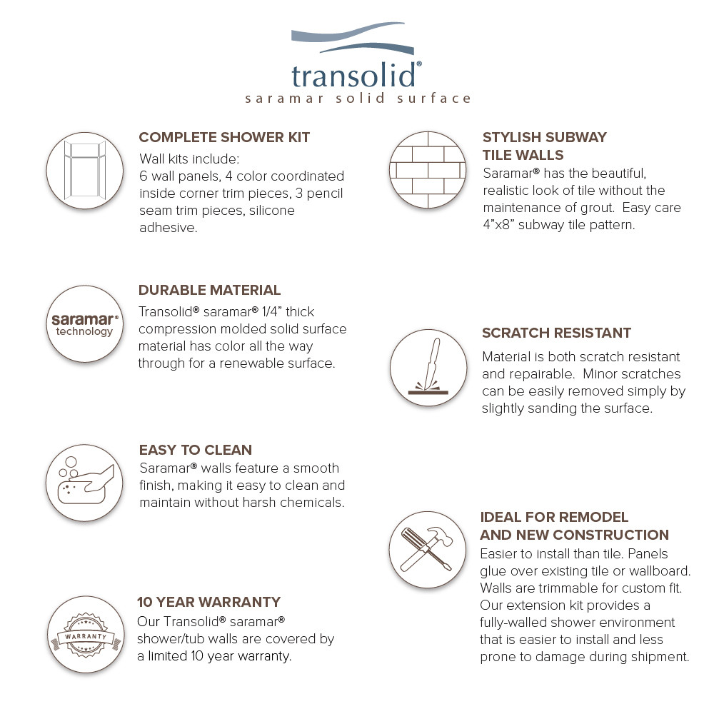 SWKX48367224-28 SaraMar 48-in x 36-in x 96-in Glue to Wall 6-Piece Shower Wall Trimmable Kit with Extension, Cashew